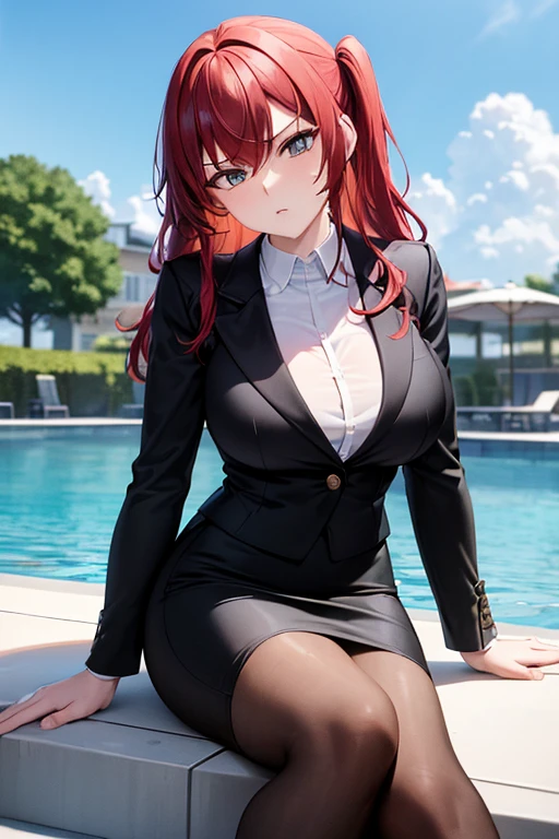 ((masterpiece, best quality, ultra-detailed)), highres, beautiful angry business woman looking at viewer frustrated, black business suit, black midi pencil skirt, long pencil skirt, white blouse, heels, full body, large bust, wavy crimson hair, summer, backyard, sitting by pool, water, fence