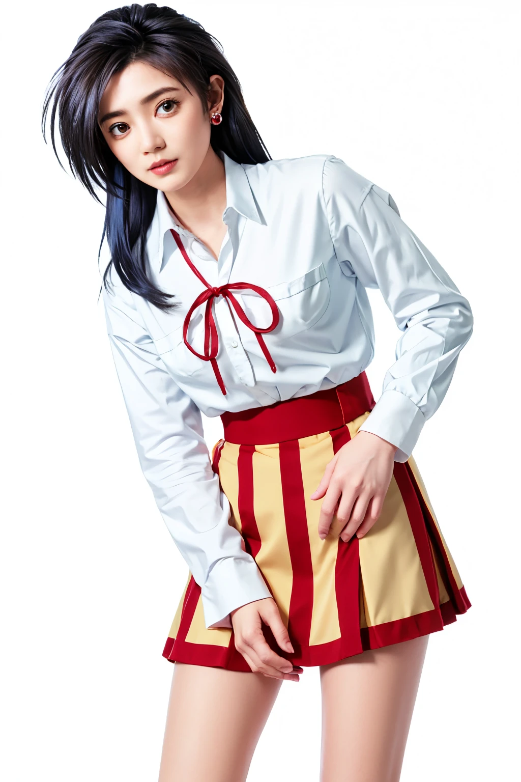 long hair, blue hair color, shy,amber eye color,tall,look up at the viewer,hands on crotch, a full-body shot, long legs, largr breast,earrings,mini skirt,masterpiece, best quality, standing,Simple White Background, mio serizawa, long sleeves,red ribbon,white shirt, vest, beauty face