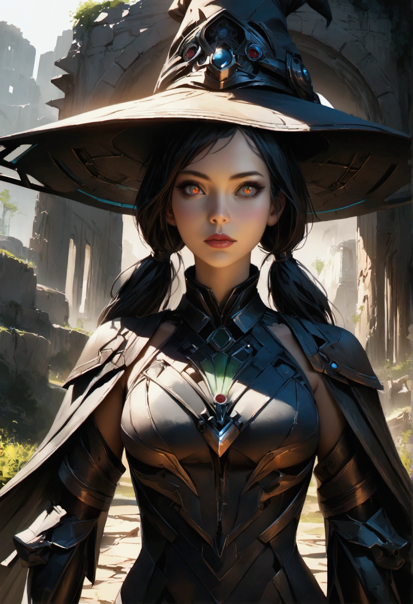 witch hat, twin tails, high tech scythe, angel wings, sci-fi clothes, ancient ruins, 1girl, beautiful detailed eyes, beautiful detailed lips, extremely detailed face and hair, longeyelashes, cinematic lighting, dramatic shadows, vibrant colors, 8k, high resolution, photorealistic, intricate details, concept art, digital painting, matte painting, sci-fi fantasy