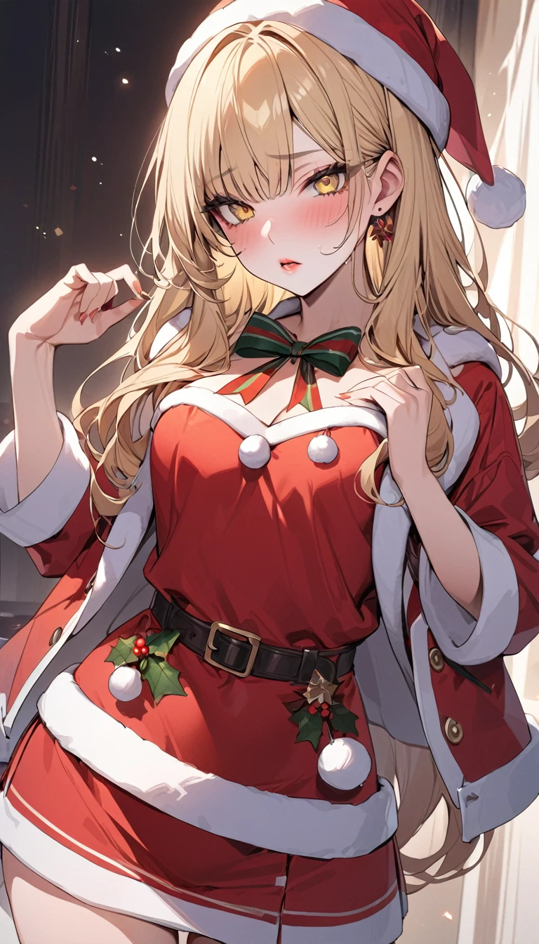 Highest quality masterpiece High resolution Long blonde hair Character Portrait Yellow Eyes Pale pink lips Embarrassing F Cup Santa costume mini skirt medium shot