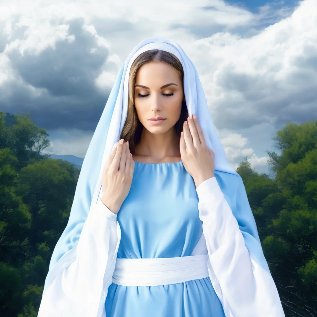 Beautiful woman with light blue eyes wearing a blue tunic with wide, long sleeves adjusted at the waist by a white sash, She is praying in the clouds 