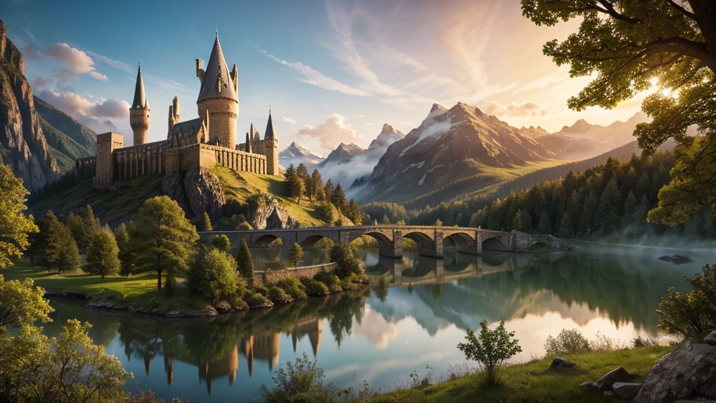 masterpiece,Highest quality,Realistic illustrations,Classic,Fantasy,mysterious,Fantasy,Hogwarts Castle,Morning Glow,Trees around,The misty «Harry Potter Movie World»