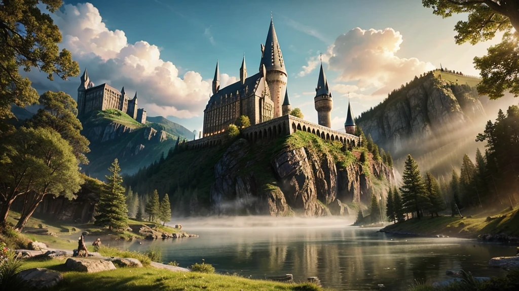 masterpiece,Highest quality,Realistic illustrations,Classic,Fantasy,mysterious,Fantasy,Hogwarts Castle,Morning Glow,Trees around,The misty «Harry Potter Movie World»