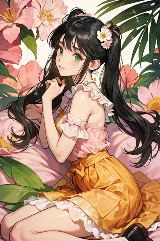 Mango is a brown skinned girl with forest green eyes and pale pink cheeks. She has blue-black hair worn in pigtails by her ears and straight wrapped bangs in the center with a pink flower worn on the left side of her head.
She wears a top and skirt with the top resembling a slightly frilled blouse an the entire dress having white flower markings and a three layer belt with orange with a silk orange ribbon wrapping around it. Underneath her skirt is a visible green luau skirt. She wears orange slip on shoes with green lace ribbons. SPARKLE; GLITTER