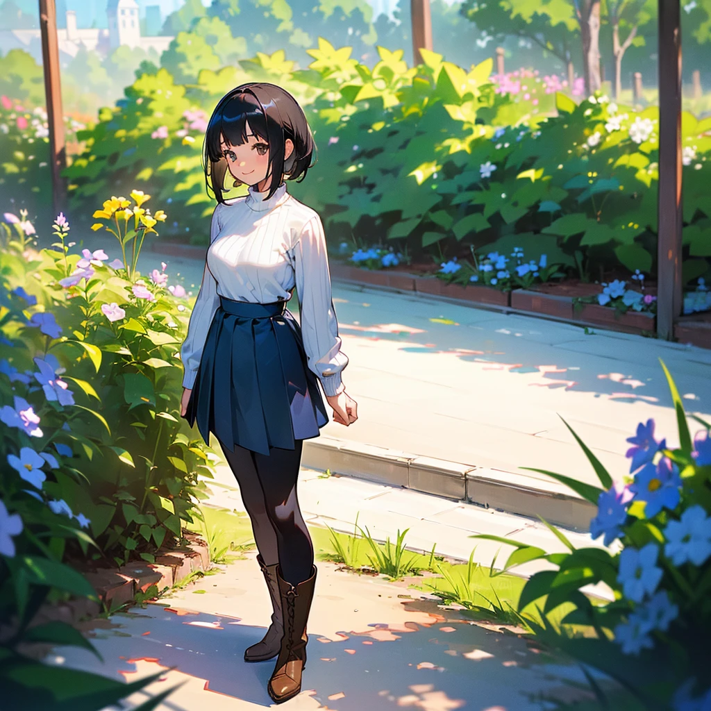 (high quality, High resolution, Very detailed, reality:1.37), Peaceful atmosphere, (Outdoor, garden), Teenage girl standing alone, (my breasts are big.), Beautiful details, Cute Smile, (Black bob hair), Ribbed sweater, Blue Skirt, Black tights, Brown boots.