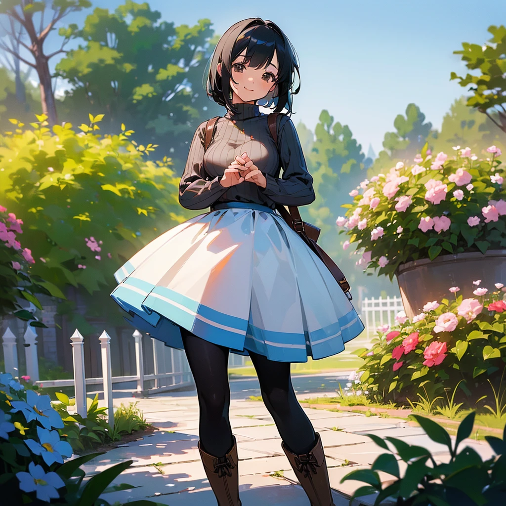 (high quality, High resolution, Very detailed, reality:1.37), Peaceful atmosphere, (Outdoor, garden), Teenage girl standing alone, (my breasts are big.), Beautiful details, Cute Smile, (Black bob hair), Ribbed sweater, Blue Skirt, Black tights, Brown boots.