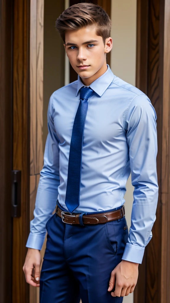 19 year old male wearing tie and lomg sleveed button up with belt and tucked in
4K HIGH REZ 

Physical Description: Brown colored hair and skinny build. 5"5 and 150 LB. Blue eyes. 

.