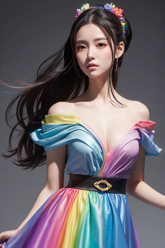 Create an ultra-realistic, lifelike image of a Japanese beauty character with long black hair in a ponytail. She is wearing a thin, flowing dress intertwined with a rainbow-colored liquid. The character is posed showing half of her body, looking directly at the camera. The background is simple gray, highlighting the character and her colorful dress. The illustration technique includes detailed texture rendering and emphasis on light reflection, creating a cohesive integration of the character and background. The image should be in a vertical format to best showcase the character's features and pose.