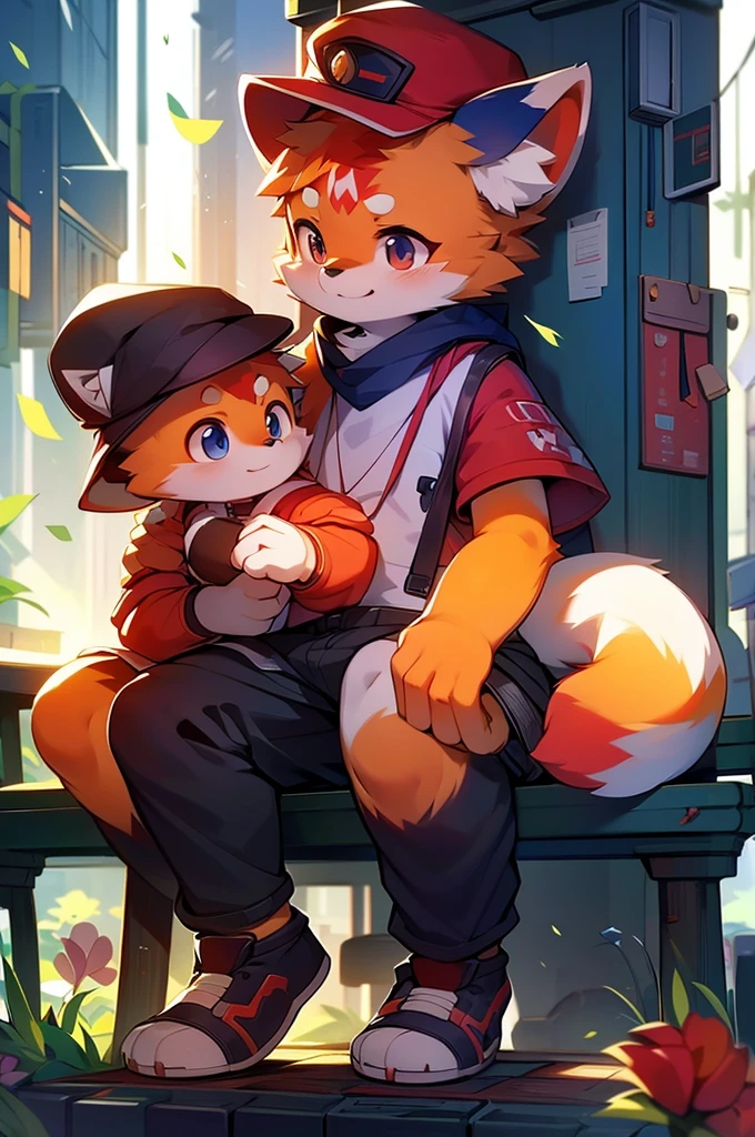 A cartoon-style drawing of a red panda wearing a hat sitting on a bench, Fashionably dressed fursona, Fox Girl, Cute fox, Anthropomorphic fox, artstation pixivでトレンド, Full Body Commission, High quality anime art style, High resolution consignment, Anthropomorphic fox, High quality fan art, Anthropomorphic Cyberpunk Red Panda：tall stature,