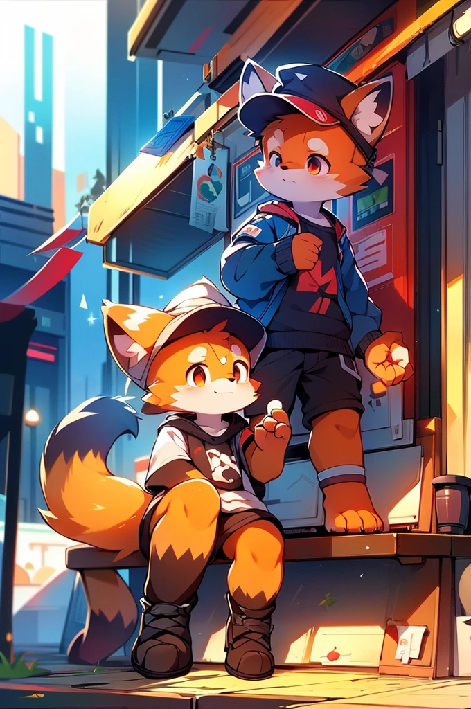 A cartoon-style drawing of a red panda wearing a hat sitting on a bench, Fashionably dressed fursona, Fox Girl, Cute fox, Anthropomorphic fox, artstation pixivでトレンド, Full Body Commission, High quality anime art style, High resolution consignment, Anthropomorphic fox, High quality fan art, Anthropomorphic Cyberpunk Red Panda:tall stature,