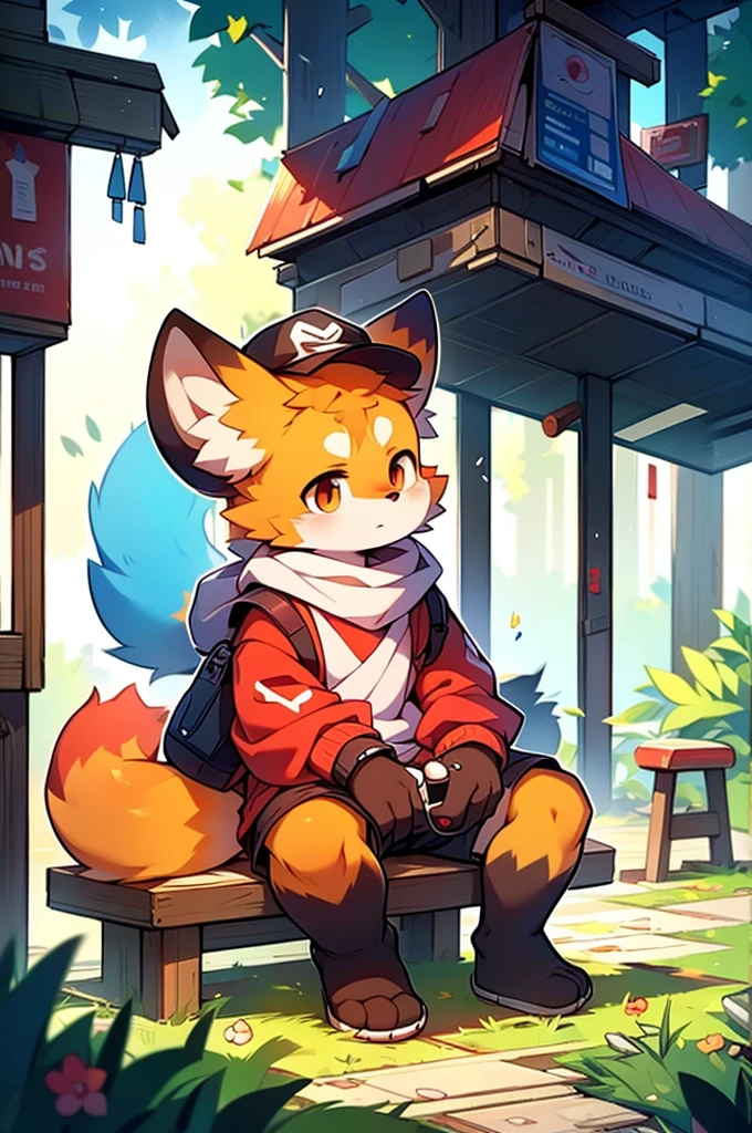 A cartoon-style drawing of a red panda wearing a hat sitting on a bench, Fashionably dressed fursona, Fox Girl, Cute fox, Anthropomorphic fox, artstation pixivでトレンド, Full Body Commission, High quality anime art style, High resolution consignment, Anthropomorphic fox, High quality fan art, Anthropomorphic Cyberpunk Red Panda：tall stature,