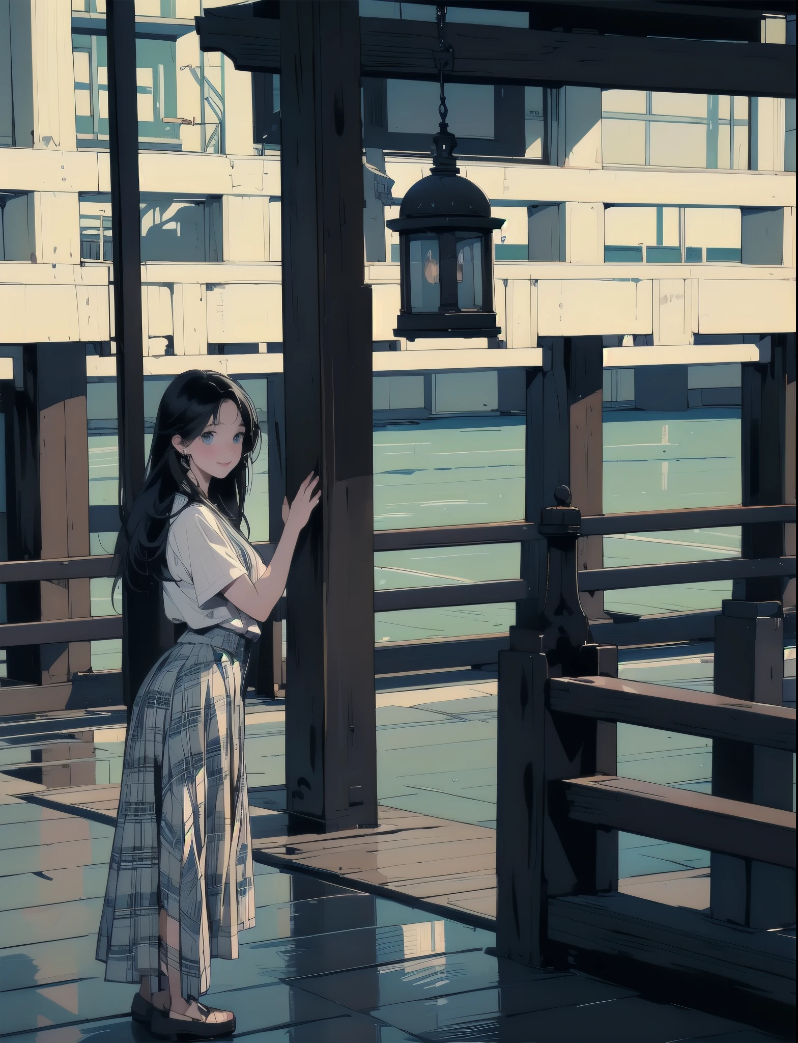1 Girl、solo、chest、View your viewers、blush、smile、blue eyes、skirt、shirt、Black Hair、Closed Mouth、Are standing、白いshirt、Short sleeve、プリーツskirt、indoor、Plaid、Forward tilt、赤いskirt、Plaidのskirt、Arms behind、Temple