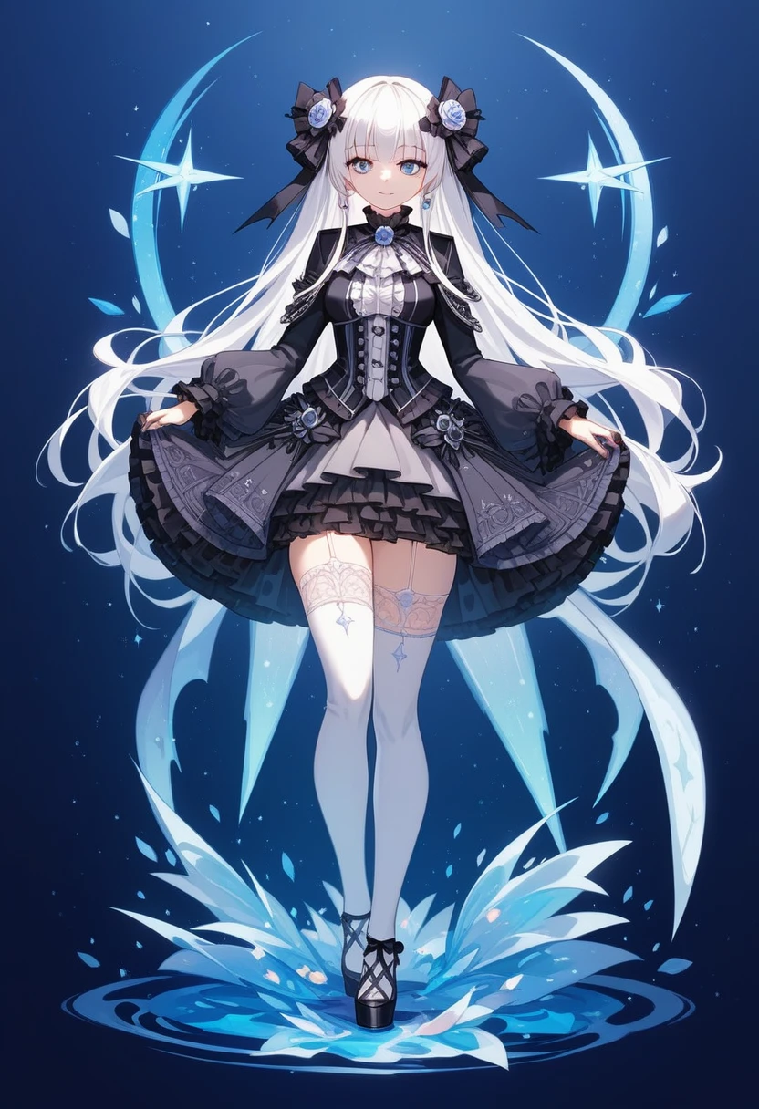 masterpiece, top-quality, masterpiece, top-quality,ighly detailed,{top-quality}, {{masterpiece}}, {hight resolution},original, {extremely delicate and beautiful},masterpiece, top-quality,ighly detailed,{top-quality},white hair, gothic ta, full body, standing, white thighhighs,