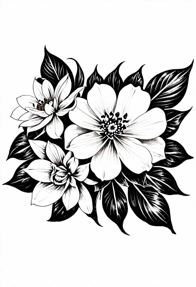 Line drawing of black and white flower tattoo template without background.