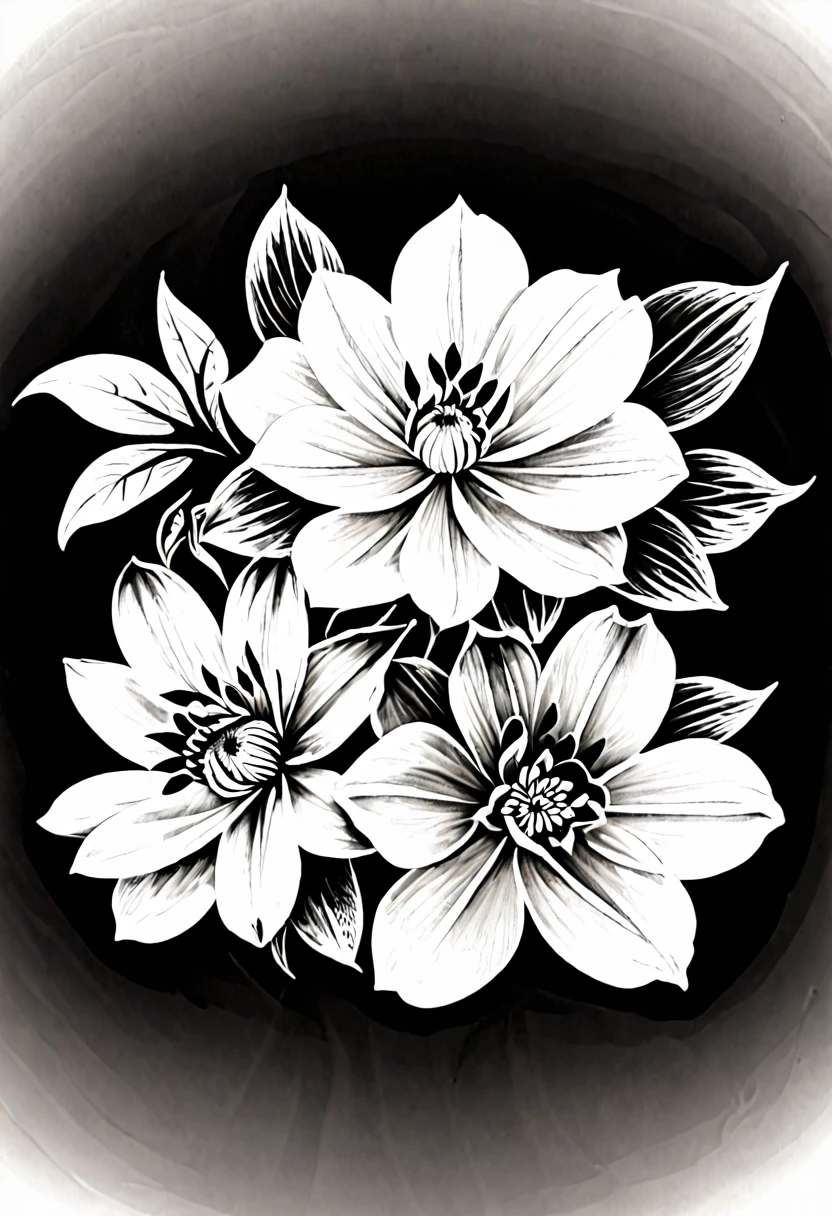 Line drawing of black and white flower tattoo template without background.