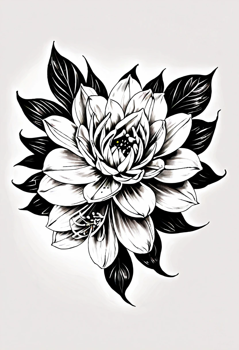 Line drawing of black and white flower tattoo template without background.