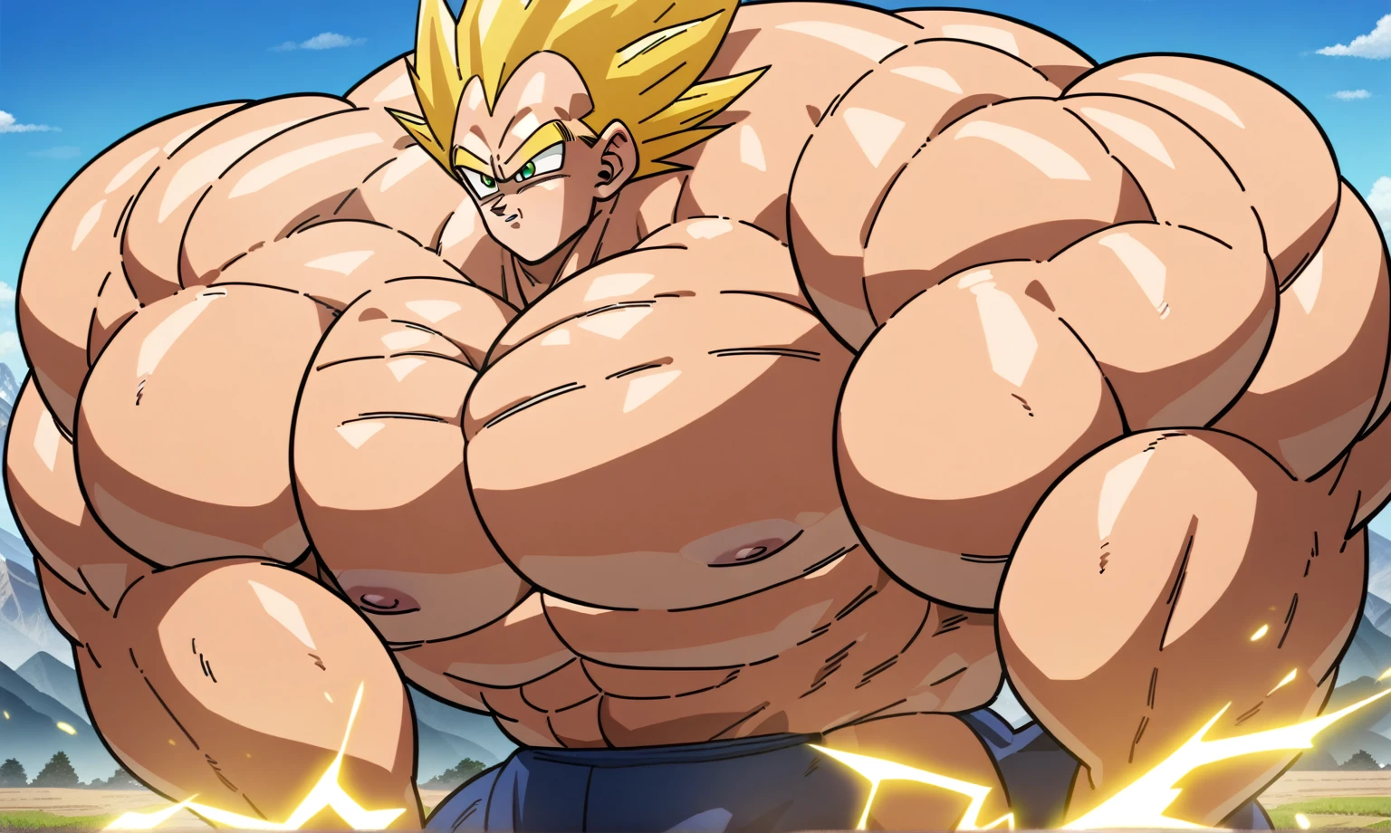 1boy, Vegeta, from Dragon Ball Z, masterpiece, best quality, very aesthetic, absurdres, saiyan, green eyes, spiked hair, (yellow hair:1.5), shirtless, blue skintight pants, white gloves, (huge muscles:3), Dragon Ball Z artstyle, in the style of Akira Toriyama, white tiled floor, outdoors, flat-top mountains, nipples, yellow aura, electricity, (mountains and sky in background:2)