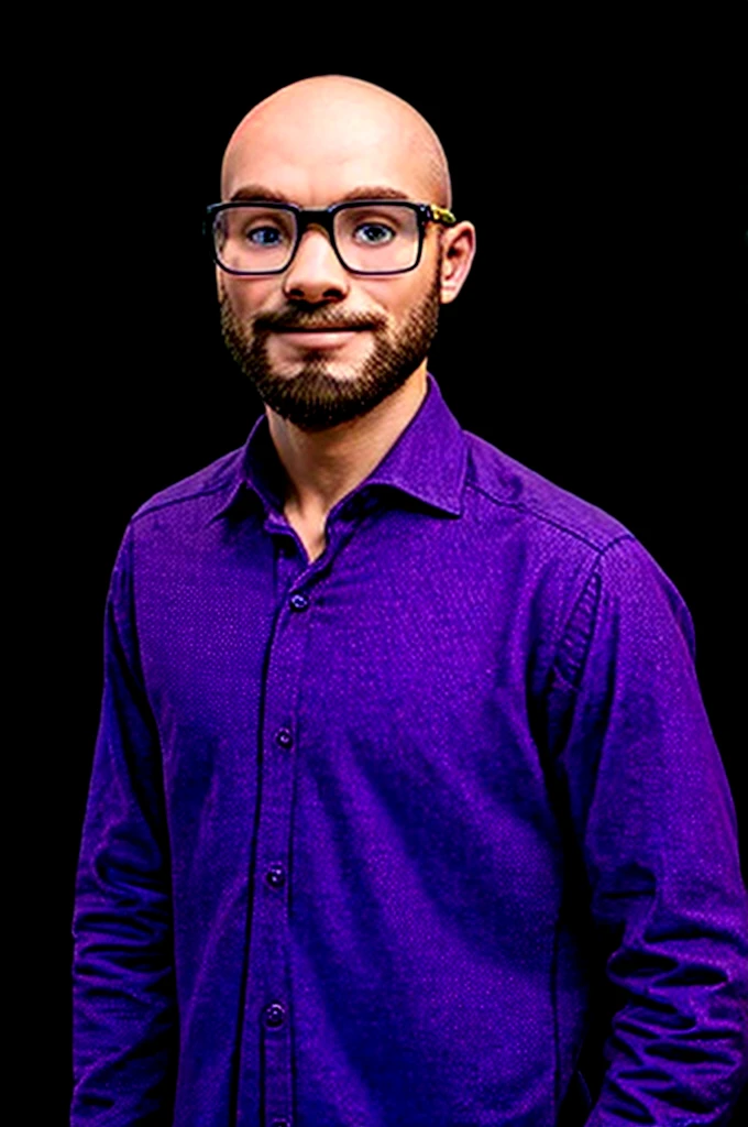 Slim man, wearing purple shirt, very short beard, glasses, bald