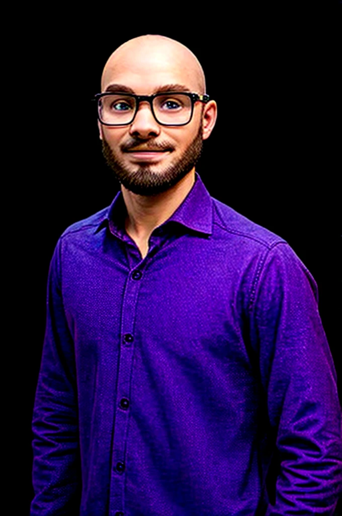 Slim man, wearing purple shirt, very short beard, glasses, bald