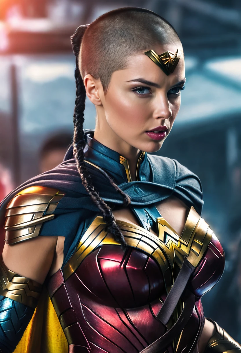(((In extreme close-up, a beautiful Cyber Punk woman with a completely shaved head Diaema led Wonder Woman Adriana Lima under the mantle of the Amazon warrior Wonder Woman (((Completely shaved head))),(((Diaema Led Wonder Woman front images images color Splash))),(((Diaema LED))),((((skinhead)))),(((Diaema led Wonder Woman))),((((((led))))))