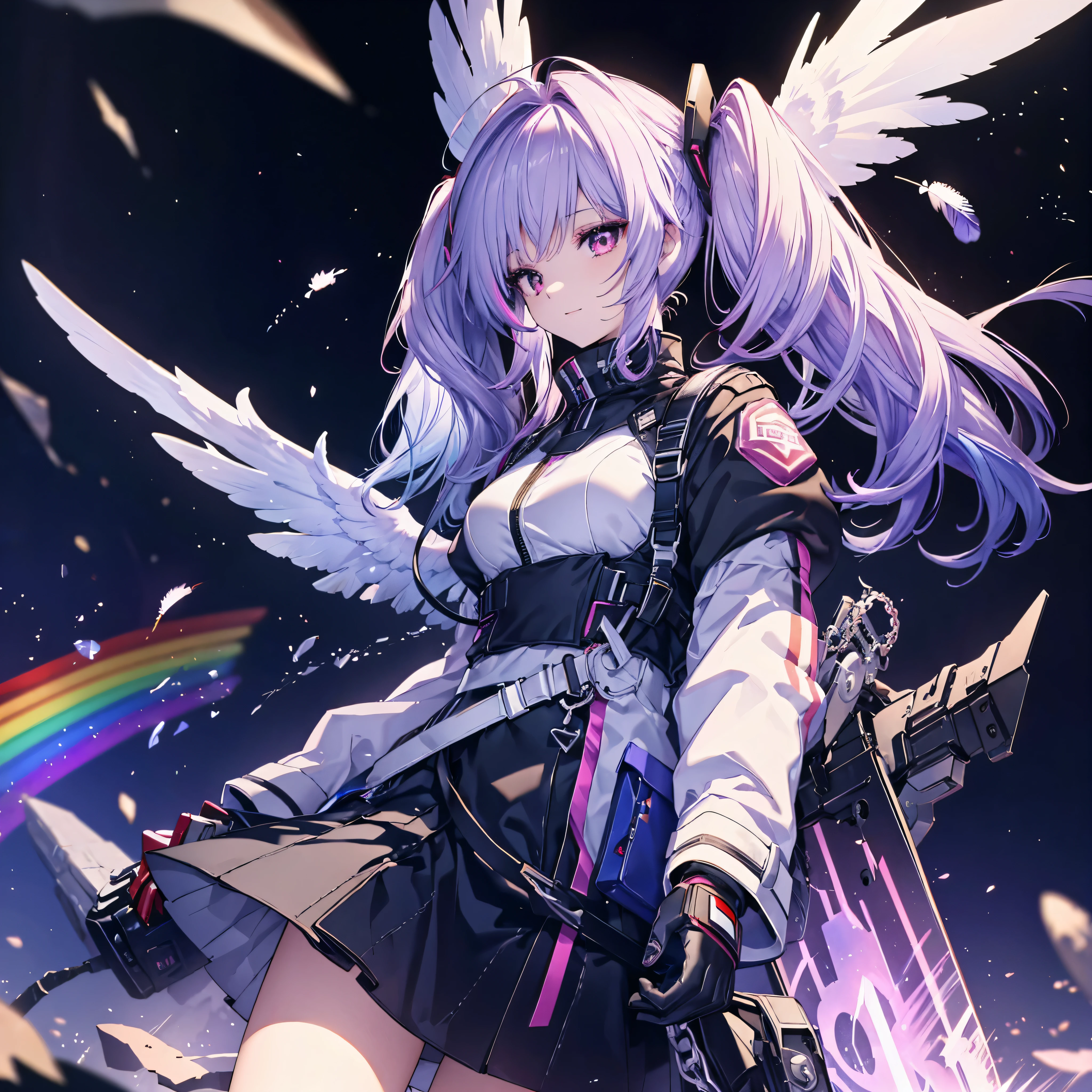((Archangel　Fantasy　Rainbow Hair　Make your hair rainbow-colored on the inside　Twin tails　Dull red eyes　Has a galaxy　uniform　Put on a coat without putting your arms through it　Wings many times larger than mine　rainbow gradient feathers　Digital Wings　cyber punk　Smiling Kindly　front))　((tears　gloves))　(Broken glass　Rolling Pebbles　Distorted Space-Time　star)　Catch the wind　milky way　Shining Background　Particles of light, rainbow colored edges　Shining Edge　star
