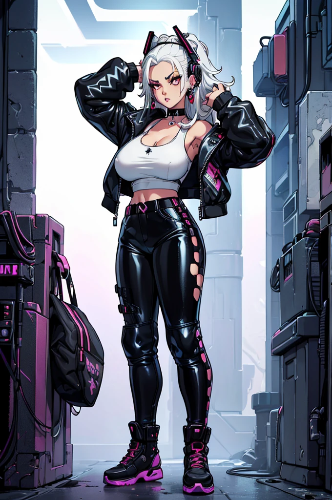 (masterpiece, best quality, high resolution, ((huge breasts)) 1 girl, long white hair, black tank top, black cyberpunk style latex pants, black cyberpunk style jacket, choker, earrings, bracelets, headphones great cyberpunk style in. head,(,white background, Stickers.Redmond ), ((full body standing)),
