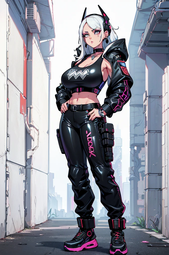(masterpiece, best quality, high resolution, ((huge breasts)) 1 girl, long white hair, black tank top, black cyberpunk style latex pants, black cyberpunk style jacket, choker, earrings, bracelets, headphones great cyberpunk style in. head,(,white background, Stickers.Redmond ), ((full body standing)),
