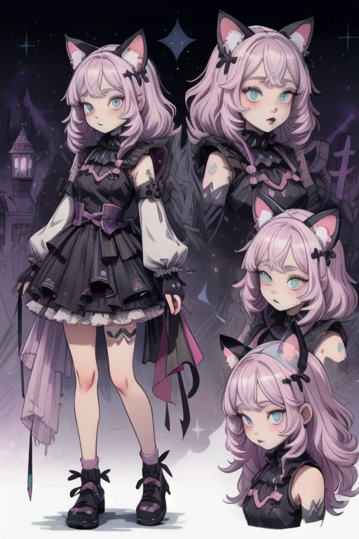 (best quality), (highly detailed), (masterpiece), (perfect lighting), 
BREAK
BREAK
(1girl), goth, cat girl, cat ears, cat tail, pastel, vtuber, purple,pink, blue, white,black, white, galaxy 
 (CharacterSheet:1), (multiple views, full body, upper body, reference sheet:1)