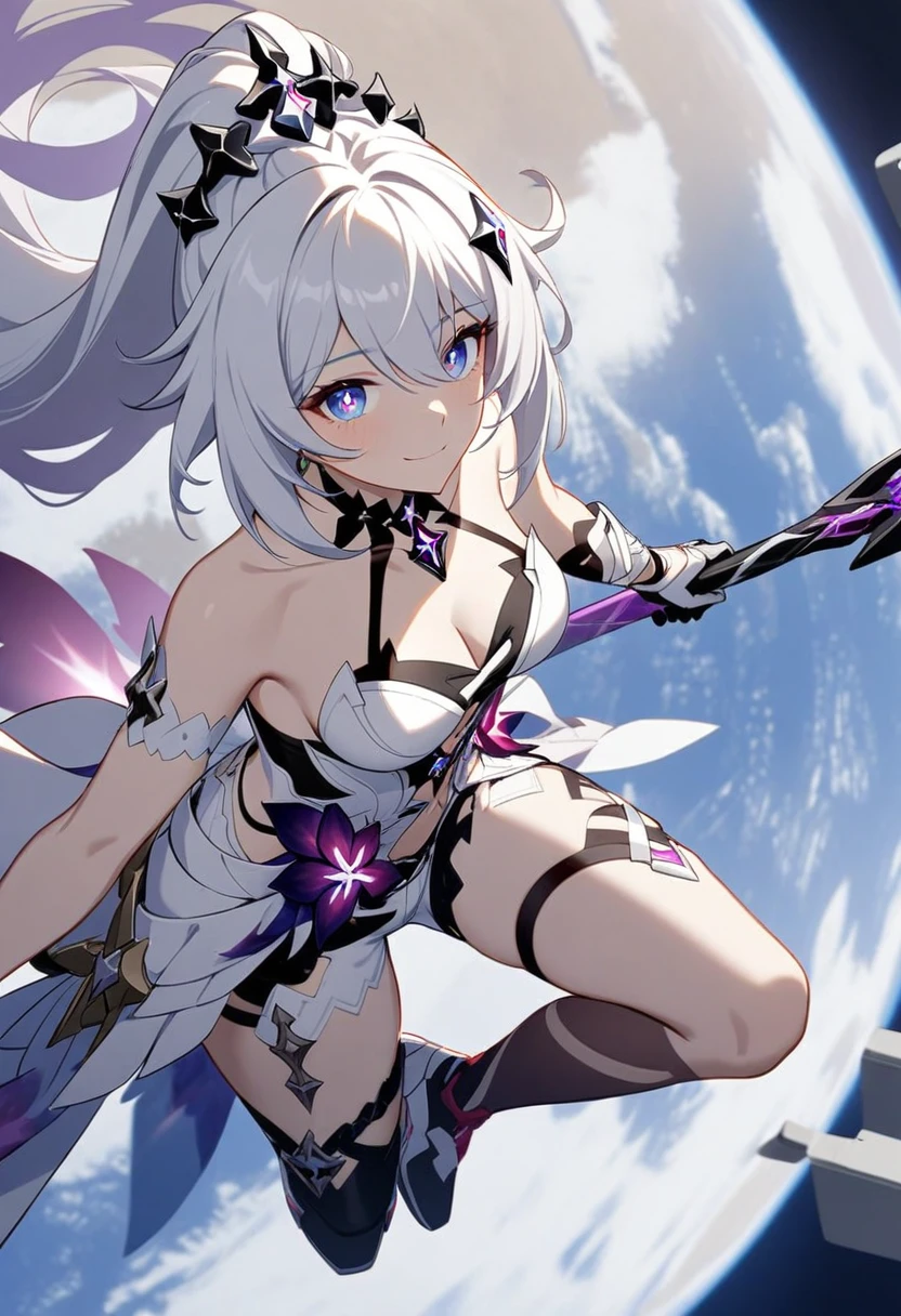 1girl, Kiana Kaslana \(Herrscher of Finality), Honkai Impact 3rd, ponytail, smile, extremely detailed eyes, moon base, earth, outer space