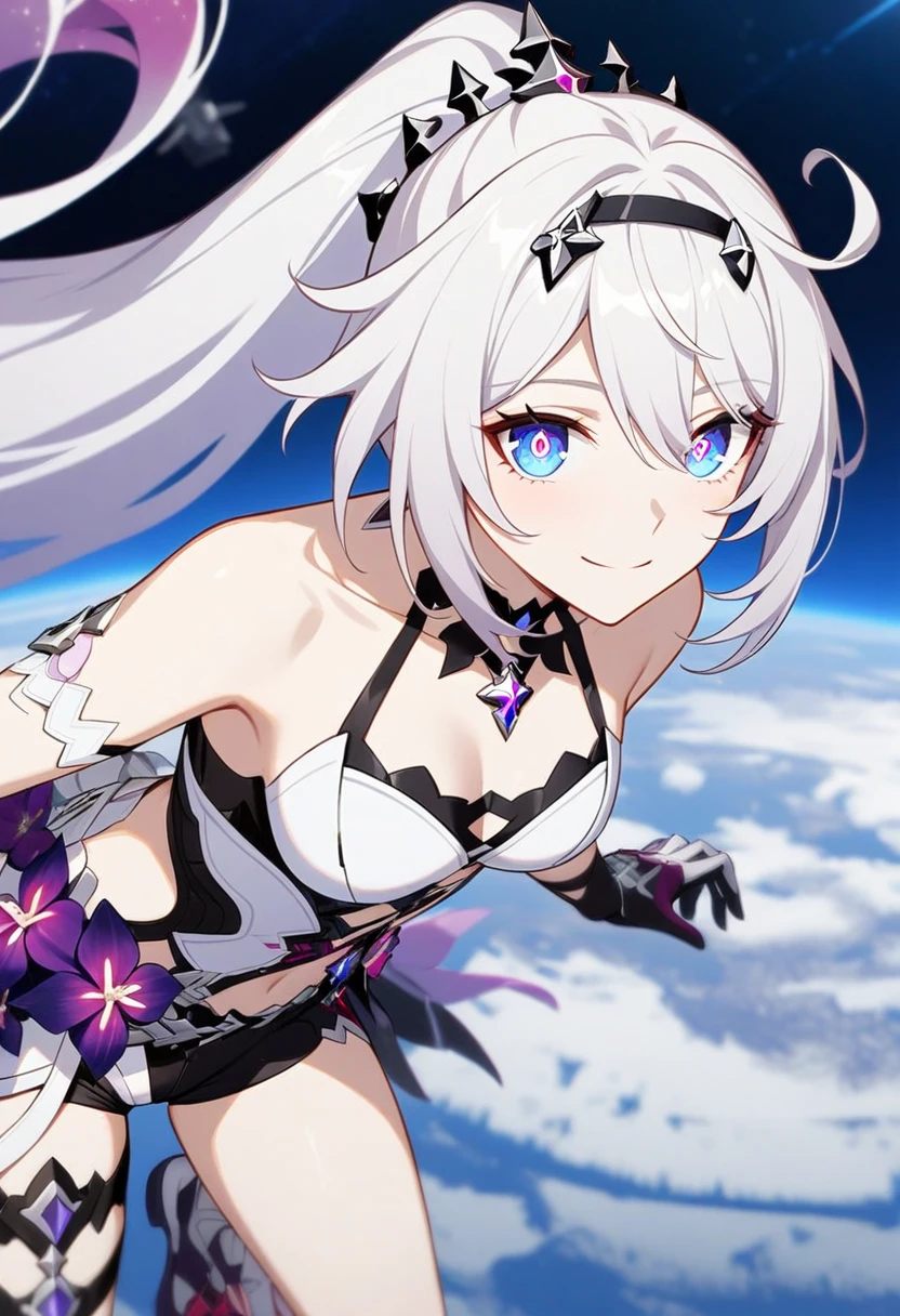 1girl, Kiana Kaslana \(Herrscher of Finality), Honkai Impact 3rd, ponytail, smile, extremely detailed eyes, moon base, earth, outer space