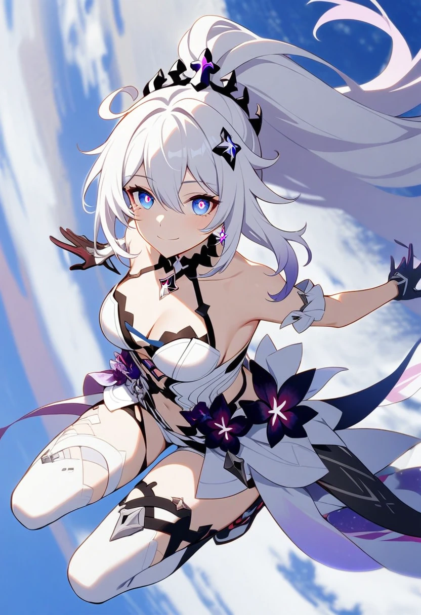 1girl, Kiana Kaslana \(Herrscher of Finality), Honkai Impact 3rd, ponytail, smile, extremely detailed eyes, moon base, earth, outer space