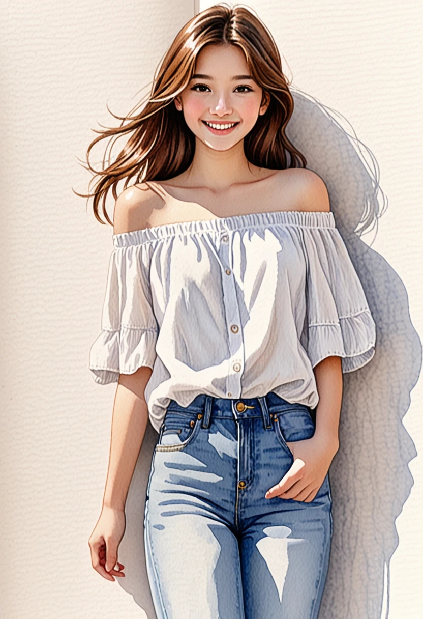 Hand-drawn watercolor illustration, One Girl,Brown Hair（Straight Hair）,off shoulder（white）,jeans,15 years old,smile,cute, cute, Simple, Pencil line drawing