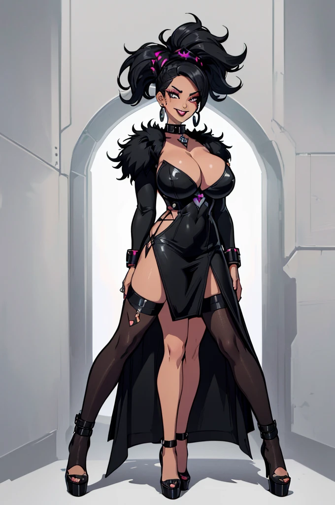 (masterpiece, best quality, high resolution, ((huge breasts)) 1 mature woman,, black bob hair, makeup, black lips, black cyberpunk style dress, long fur coat white cyberpunk, earrings, bracelets, choker, black pantyhose, black heels, smile.(,white background, Stickers.Redmond ), ((full body standing)),
