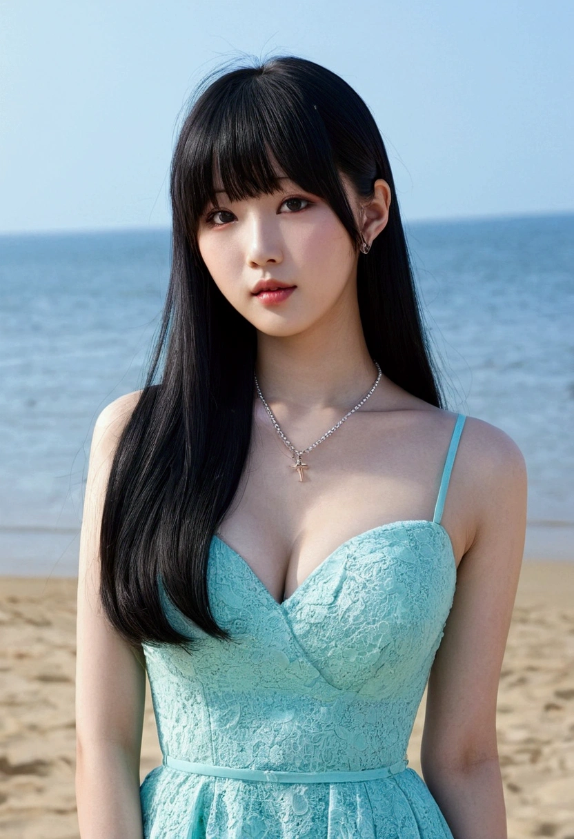 Araffe Asian woman with long black hair, Ulzzang, Korean, She has black hair with bangs, Beautiful South Korean woman, beautiful young Korean woman, Asian girl, Beautiful Asian, lovely pale Korean face, black hime haircut, Korean gothic girl cruel, with long hair, jaeyeon nam, long straight bangs, big breasts, in front of the beach with black bikini