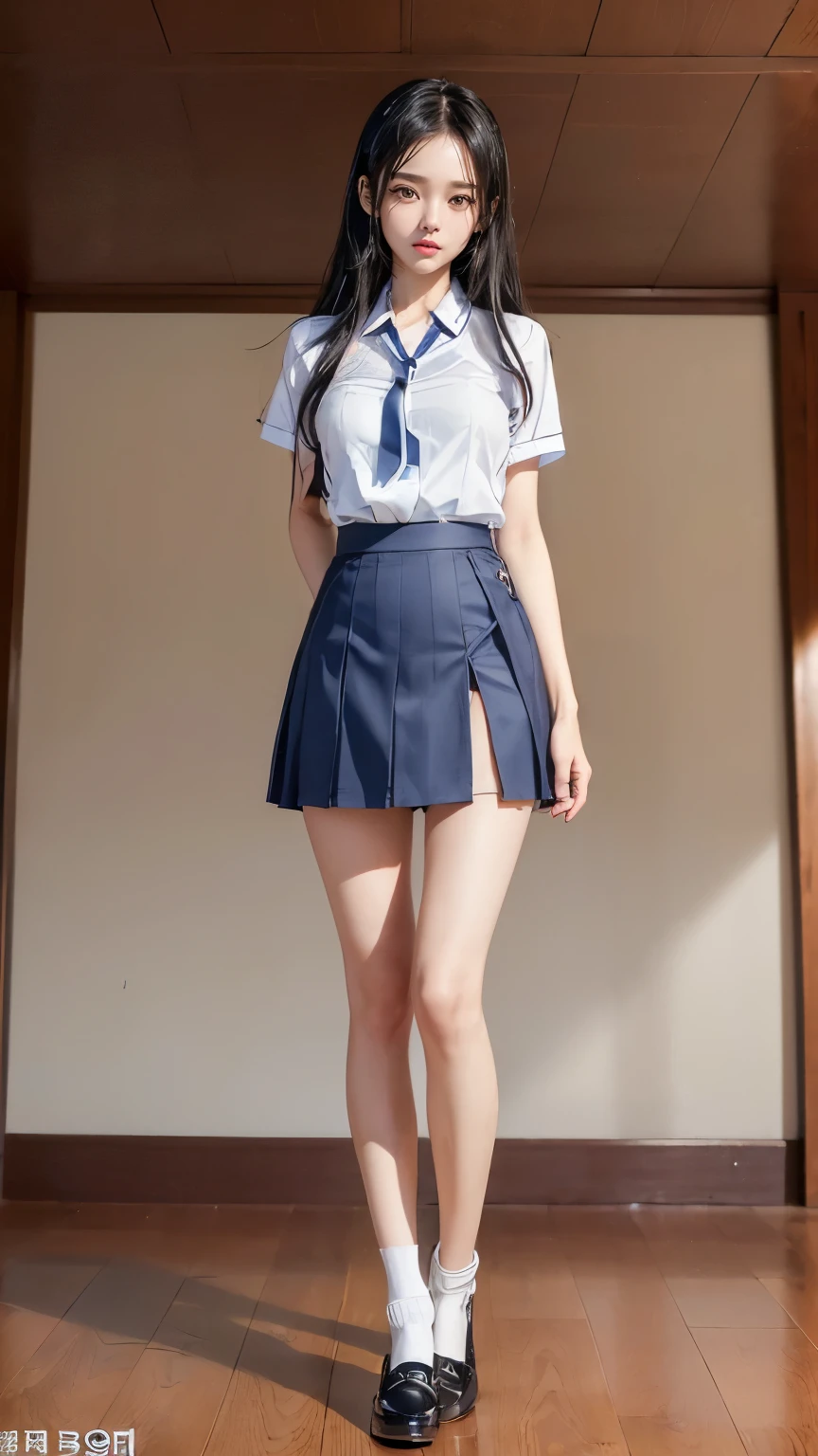 ((masterpiece)),(((最high quality))),(((((A full-body shot of a girl from floor height:1.7))))),((Photograph the whole body from knee height:1.6)),((((((Stand up straight with your legs together:1.9)))))),((Thin thighs)),((Long legs)),(((Girl standing in a school classroom:1.7))),(((Micro Mini Skirt Uniform:1.6))),((tall:1.8)),((Japanese high school girls wearing summer uniforms:1.8)),((Wearing a red tie:1.4)),(Wearing a short-sleeved white shirt:1.2),((Her erect nipples are clearly visible under her clothes:1.3)),(Blue checked micro mini skirt:1.2),(:1.3),bangs,A small smile,((cute女の子)),Slender girl,Black Loafers,Short white socks up to the ankles,cute,The thighs below the groin are slim and firm,cute,Black hair ponytail,Thin legs,スリムなModel Body Type,Very small waist,Small hips,long thighs,Thin thighs,Thin hands,Long hands,((((Photograph the whole body from below:1.5)))),(((((k-popのIVEのWONYOUNGにそっくりの女の子:1.9))))),((Face your whole body straight ahead:1.8)),((tall:1.4)),(Stand with your legs straight and without bending your knees:1.7),((Stand up straight:1.7)),((Keep your hips facing forward:1.7)),The ankles are super thin,Beauty,Fine skin,Firm skin,引き締まったThin legsの肌を細部までリアルに再現,Super detailed, High detail,high quality,Awards,High resolution,(Anatomically correct:1.3),(8K,Raw photo,最high quality,masterpiece:1.5),(((Photographing a girl's whole body from below))),Height 173cm,((Stand up straight with your legs together:1.7)),((Stand up straight without bending your knees:1.7)),((Stand up straight with your feet shoulder-width apart:1.5)),((Stand up straight in a relaxed position:1.7)),(((Keep your spine straight:1.8))),((Face forward:1.2)),8頭身Beauty,Model Body Type,((Inseam is half the height:1.3)),(Thin thighs),((k-popのIVEのWONYOUNGにそっくりの女の子:1.5))