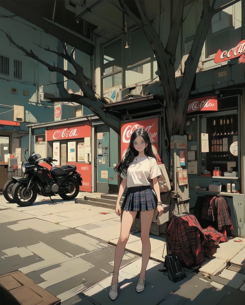 1girl, solo, long hair, breasts, looking at viewer, blush, smile, blue eyes, skirt, shirt, black hair, closed mouth, standing, white shirt, short sleeves, pleated skirt, indoors, plaid, leaning forward, red skirt, plaid skirt, arms behind back, can, locker, shop, vending machine, coca-cola