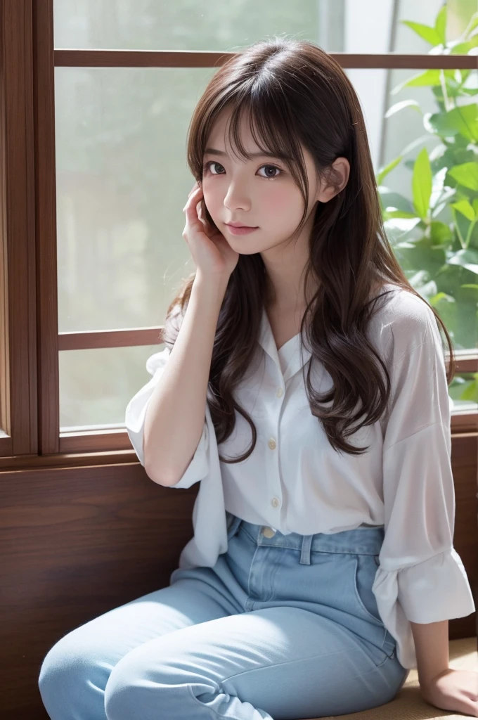 この画像の詳細promptは以下の通りです:
**prompt:**
Depicts a beautiful Japanese girl character sitting by the window。She has medium-long wavy hair、Has clean white skin。The background is a modern room illuminated with blue lighting.、The light from the window is soft.。The character is wearing a thin white camisole and pants.、There is a relaxed atmosphere。Posing with one hand on head、Place your other hand on the floor、It's a natural posture, like gazing out the window.。The technique of illustration、The depiction of light and shadow is realistic.、Costume textureや肌の滑らかさが細かく表現されています。In portrait mode、Ultra-realistic live-action finish。
**Specific elements:**
- Beautiful Japanese girl character - Medium long wavy hair and white skin - Modern interior with blue lighting - Soft light from the window - Thin white camisole and pants - One hand on head、Natural pose with other hand on the floor - Realistic depiction of light and shadow、Costume texture、肌の滑らかさの細かい表現
- 縦画面の構図
- 超リアルな実写系の描写
このpromptに基づいて、I will create an illustration that brings out the beauty of the characters and the atmosphere of the blue lighting in the background to the fullest.。