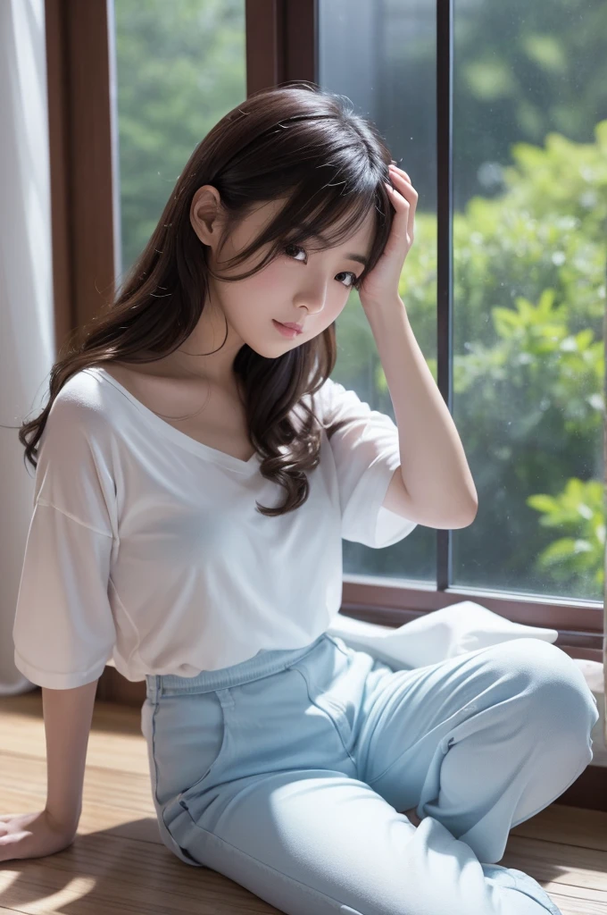 この画像の詳細promptは以下の通りです:
**prompt:**
Depicts a beautiful Japanese girl character sitting by the window。She has medium-long wavy hair、Has clean white skin。The background is a modern room illuminated with blue lighting.、The light from the window is soft.。The character is wearing a thin white camisole and pants.、There is a relaxed atmosphere。Posing with one hand on head、Place your other hand on the floor、It's a natural posture, like gazing out the window.。The technique of illustration、The depiction of light and shadow is realistic.、Costume textureや肌の滑らかさが細かく表現されています。In portrait mode、Ultra-realistic live-action finish。
**Specific elements:**
- Beautiful Japanese girl character - Medium long wavy hair and white skin - Modern interior with blue lighting - Soft light from the window - Thin white camisole and pants - One hand on head、Natural pose with other hand on the floor - Realistic depiction of light and shadow、Costume texture、肌の滑らかさの細かい表現
- 縦画面の構図
- 超リアルな実写系の描写
このpromptに基づいて、I will create an illustration that brings out the beauty of the characters and the atmosphere of the blue lighting in the background to the fullest.。