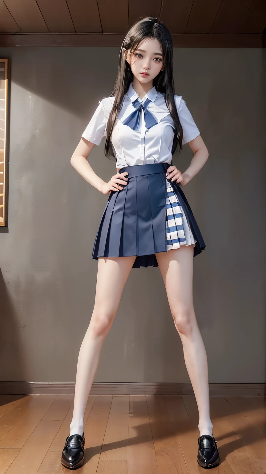 ((masterpiece)),(((最high quality))),(((((A full-body shot of a girl from floor height:1.7))))),((Photograph the whole body from knee height:1.6)),((((((Stand up straight with your legs together:1.9)))))),((Thin thighs)),((Long legs)),(((Girl standing in a school classroom:1.7))),(((Micro Mini Skirt Uniform:1.6))),((tall:1.8)),((Japanese high school girls wearing summer uniforms:1.8)),((Wearing a red tie:1.4)),(Wearing a short-sleeved white shirt:1.2),((Her erect nipples are clearly visible under her clothes:1.3)),(Blue checked micro mini skirt:1.2),(:1.3),bangs,A small smile,((cute女の子)),Slender girl,Black Loafers,Short white socks up to the ankles,cute,The thighs below the groin are slim and firm,cute,Black hair ponytail,Thin legs,スリムなModel Body Type,Very small waist,Small hips,long thighs,Thin thighs,Thin hands,Long hands,((((Photograph the whole body from below:1.5)))),(((((k-popのIVEのWONYOUNGにそっくりの女の子:1.9))))),((Face your whole body straight ahead:1.8)),((tall:1.4)),(Stand with your legs straight and without bending your knees:1.7),((Stand up straight:1.7)),((Keep your hips facing forward:1.7)),The ankles are super thin,Beauty,Fine skin,Firm skin,引き締まったThin legsの肌を細部までリアルに再現,Super detailed, High detail,high quality,Awards,High resolution,(Anatomically correct:1.3),(8K,Raw photo,最high quality,masterpiece:1.5),(((Photographing a girl's whole body from below))),Height 173cm,((Stand up straight with your legs together:1.7)),((Stand up straight without bending your knees:1.7)),((Stand up straight with your feet shoulder-width apart:1.5)),((Stand up straight in a relaxed position:1.7)),(((Keep your spine straight:1.8))),((Face forward:1.2)),8頭身Beauty,Model Body Type,((Inseam is half the height:1.3)),(Thin thighs),((k-popのIVEのWONYOUNGにそっくりの女の子:1.5))