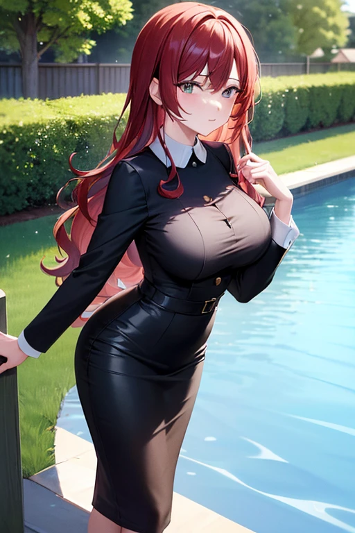 ((masterpiece, best quality, ultra-detailed)), highres, beautiful business woman looking at viewer, black business suit, black midi pencil skirt, long pencil skirt, white blouse, heels, full body, large bust, wavy crimson hair, summer, backyard, standing in pool, water, fence