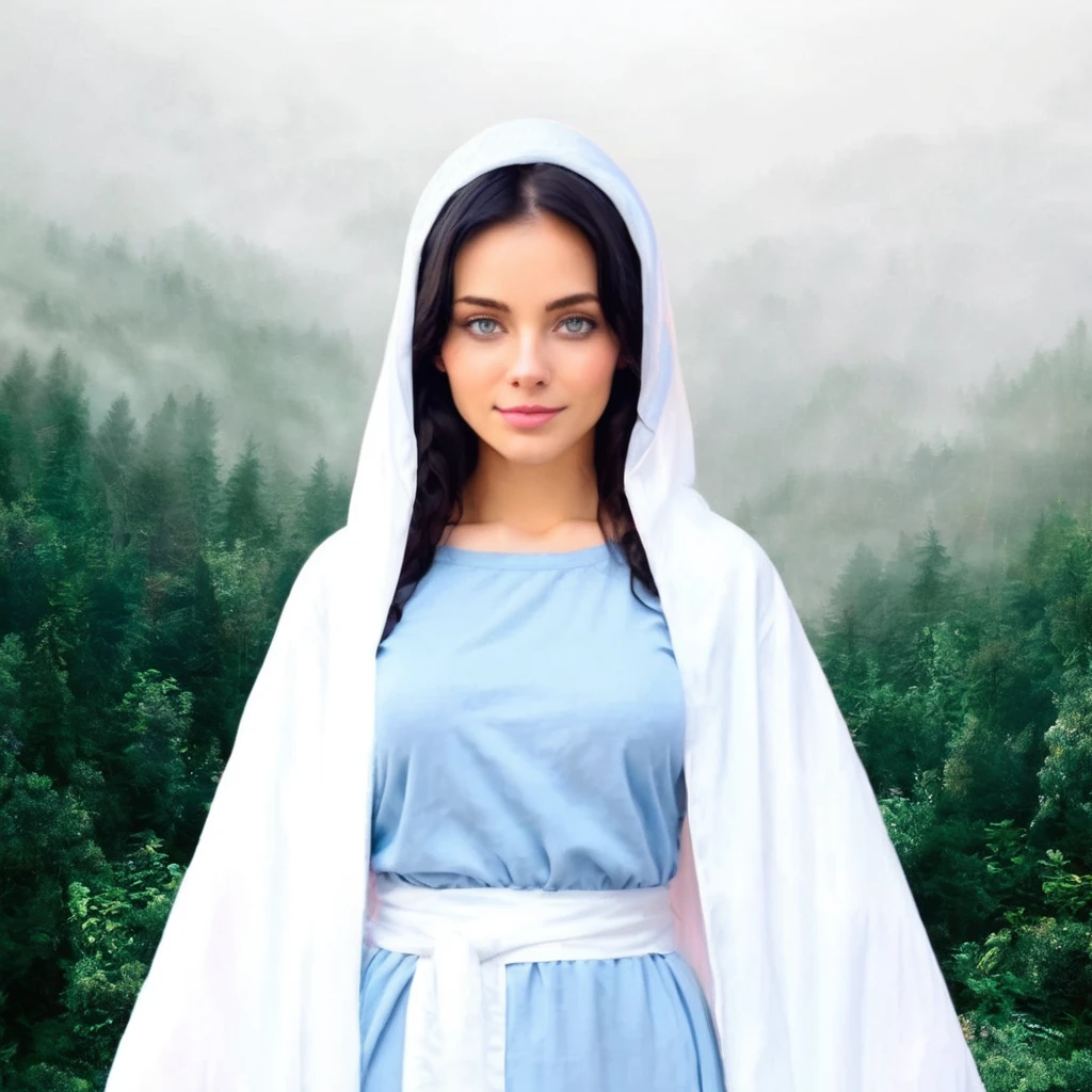 Beautiful woman with light blue eyes wearing a blue tunic with wide, long sleeves adjusted at the waist by a white sash, She is praying in the clouds