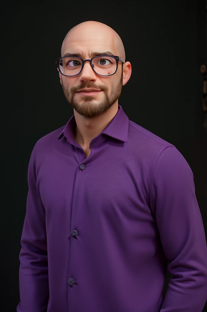Slim man, wearing purple shirt, very short beard, glasses, bald