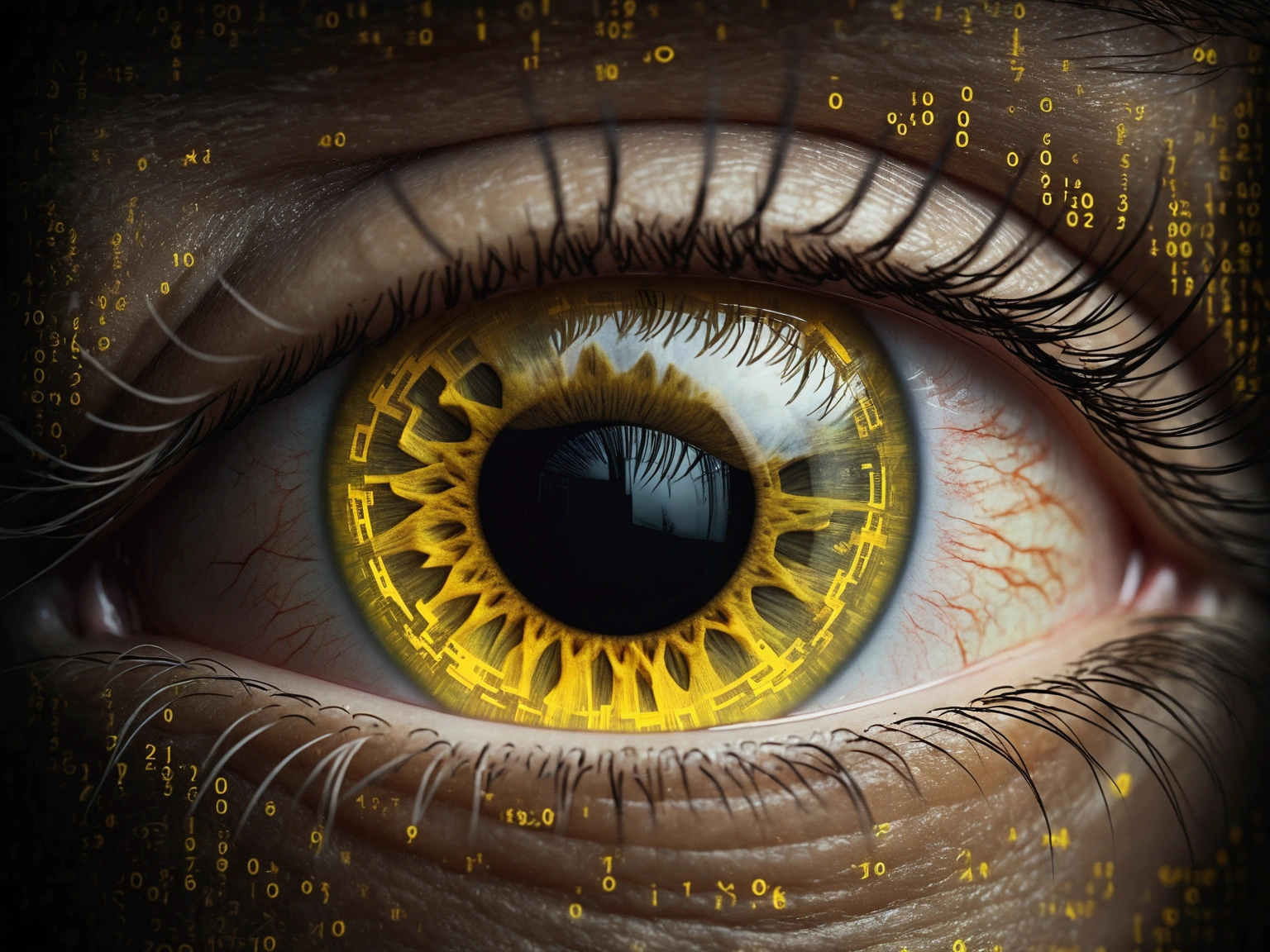 yellow digital iris rounded eye made on computer codes cast in cyberspace surrounded by binary numbers, yellowish color image, 4k,