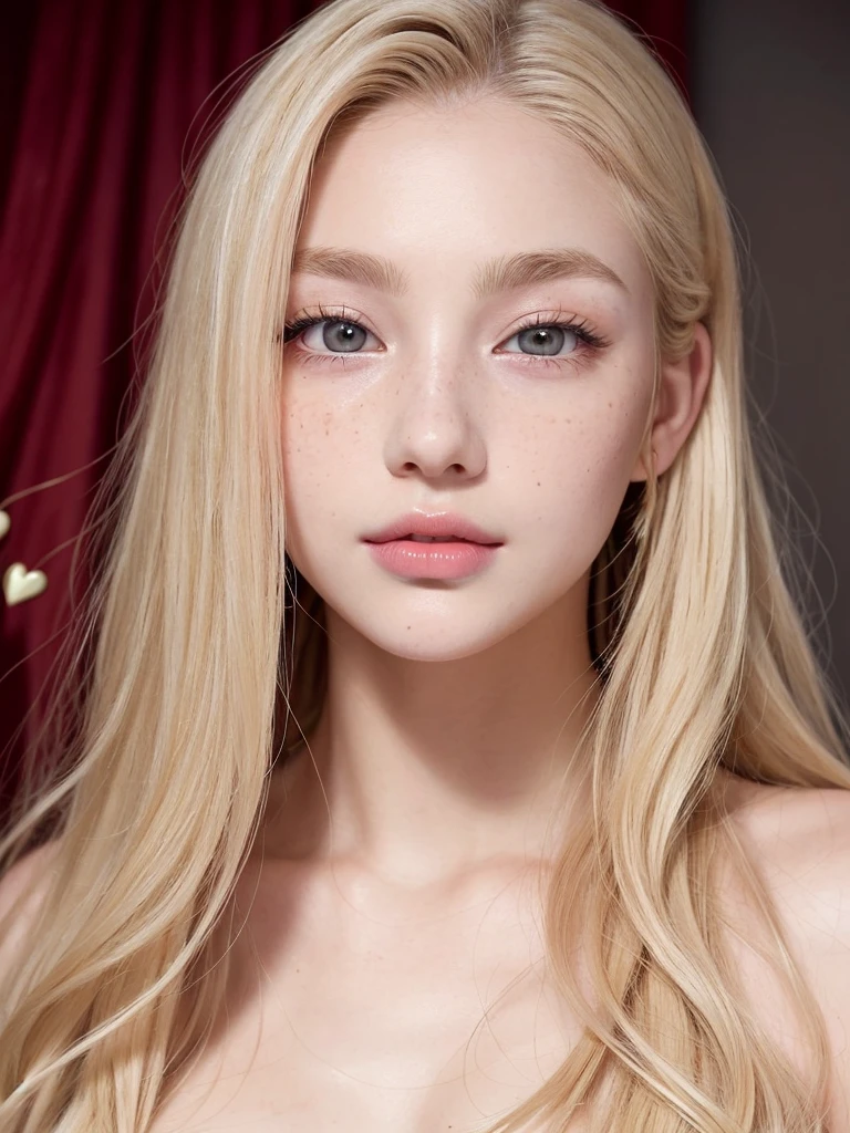 Light blonde hair, Wavy blonde hair, Wavy blonde hair、 black eye, Upturned and beautiful nose, Thick lips, Cupid with heart shaped lips.., Pink Lips, pale, White skin, Nice and soft skin, I have freckles and moles, Beautiful eyebrows, Exceptionally beautiful collarbones、 dark red, With women's underwear, slim and beautiful stomach, Bare neckline, (Large Breasts, Soft Breasts, Natural Breasts, Bare neckline), While holding a rose, Looking at the camera, Auto Photo、Close-up of upper body、naked、フルヌード、