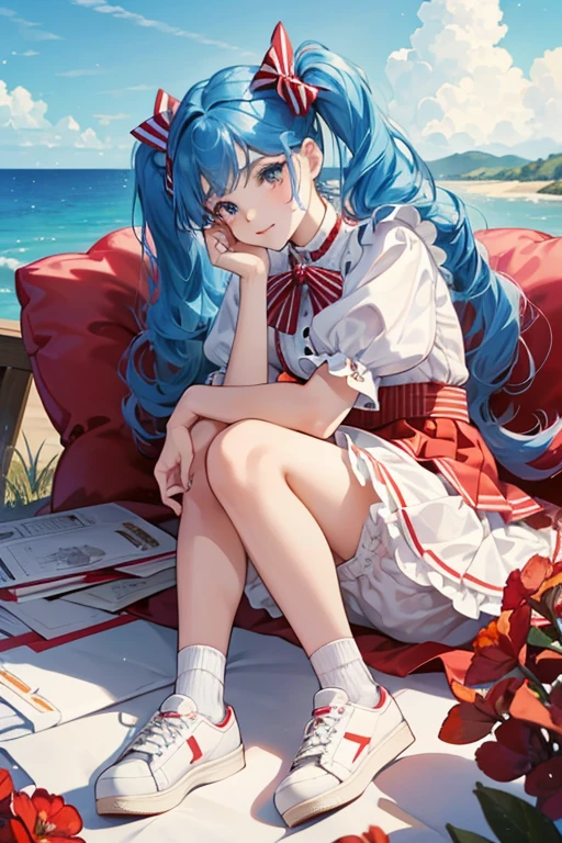 Marina Anchors is a fair skinned girl with carnation pink cheeks and the typical black eyes. She has sky blue hair worn in curled, ringlet pigtails held with scarlet red ribbons and she has a tuft of slightly curved bangs in the center.
She wears a scarlet red and white striped top with indigo puffed sleeves, a big crimson red bow at her neck, and four gold buttons on the front. She also wears a royal blue pleated silk skirt with a white stripe and white bloomers underneath. On her feet are white socks below the knee and ice blue tennis shoes with white laces and toes. SPARKLE; GLITTER