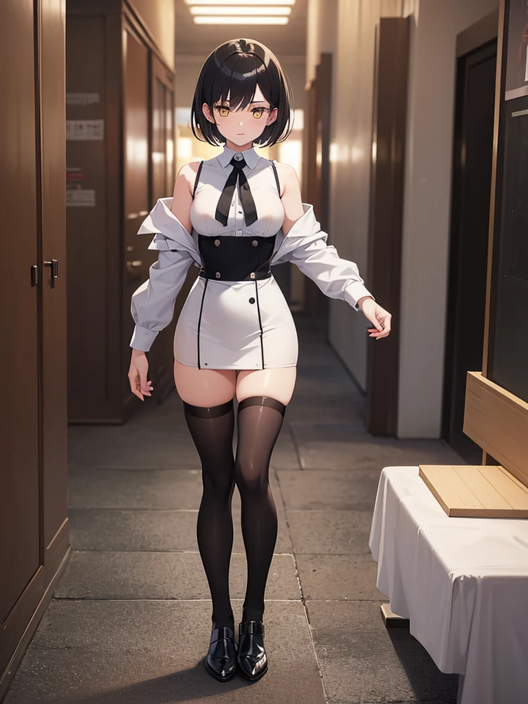 anime screenshot, 21 year old girl, shy, White shirt, wine colored skirt, black mid thigh stockings, voluptuous body, small waist, fair and flushed skin, yellow eyes, short black hair above the shoulders, 4 pompadour hairstyles and short hair on the sides. method, full body view.
Being stripped naked by a person outside the shot