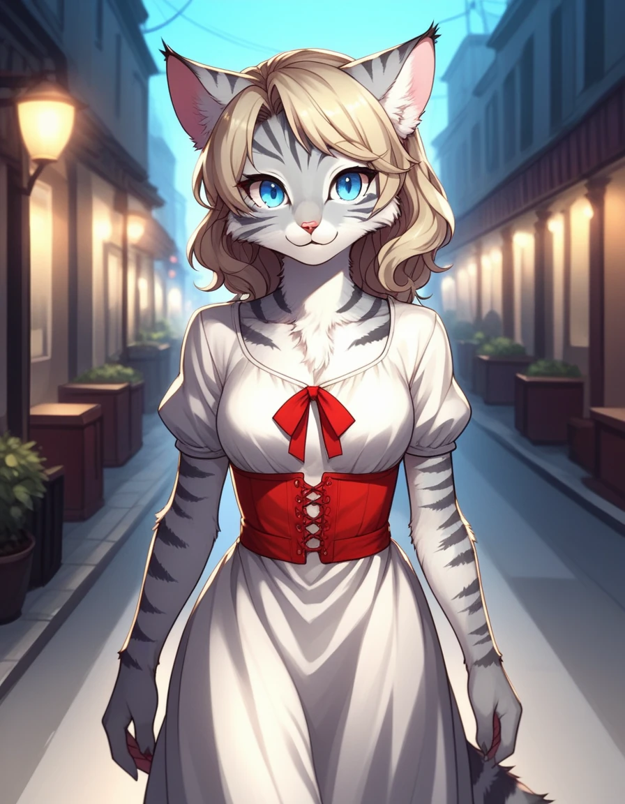score_9,score_8_up,score_7_up, kemono style, Kat, Anthro furry feline, silver fur, grey stripes on body, blue eyes, short wavy blonde hair, hair styled like Marylin Monroe, pink nose, :3, red lipstick, white halter dress, black heels, seductive pose, 1940s style dress, in a 1940s city, in manhattan city, full body shot, 