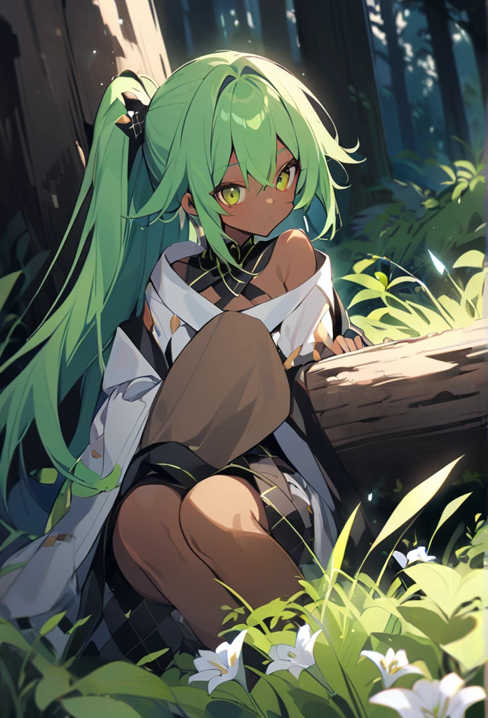lily_entomach, 1girl, solo, ponytail, green hair, dark skinned female, outdoors, forest,