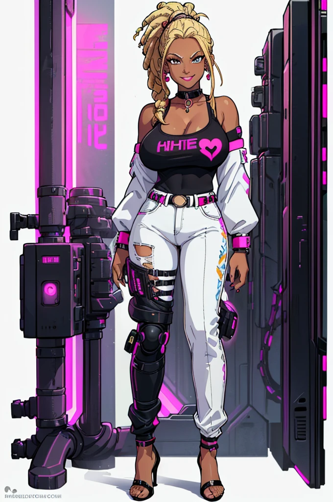 (masterpiece, best quality, high resolution, ((huge breasts)) 1 beautiful woman, blonde hair in a ponytail with cyberpunk style dreadlocks, ((dark skin)) pink lips, cyberpunk style shirt long sleeve, showing shoulders, white cyberpunk style pants, earrings, high heels, bracelets, necklaces, choker, smile.(,white background, Stickers.Redmond ), ((full body standing)),