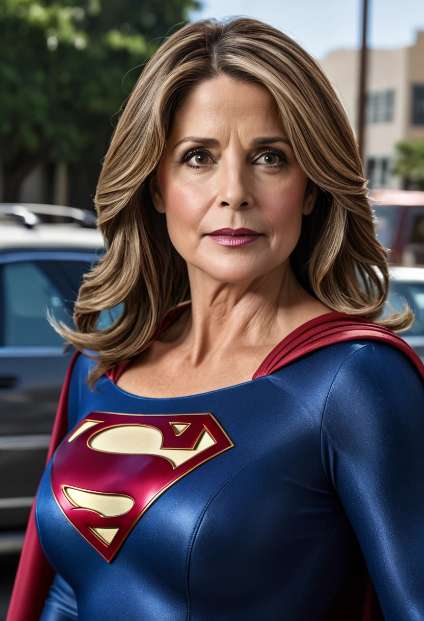 Supergirl real old Lorraine Bracco; HD. Photograph, ((realism)), extremely high quality RAW photograph, ultra detailed photograph, sharp focus, high resolution, (detailed skin:1,3),high quality, film grain, Fujifilm XT3,Highly Detailed, movie, (Cinematic Photo:1.3) of (Realistic:1.3)